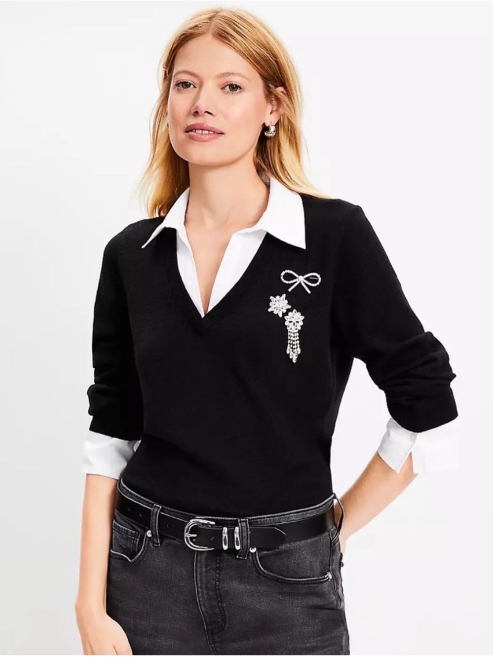 LOFT - NWT Black Sweater with Brooches